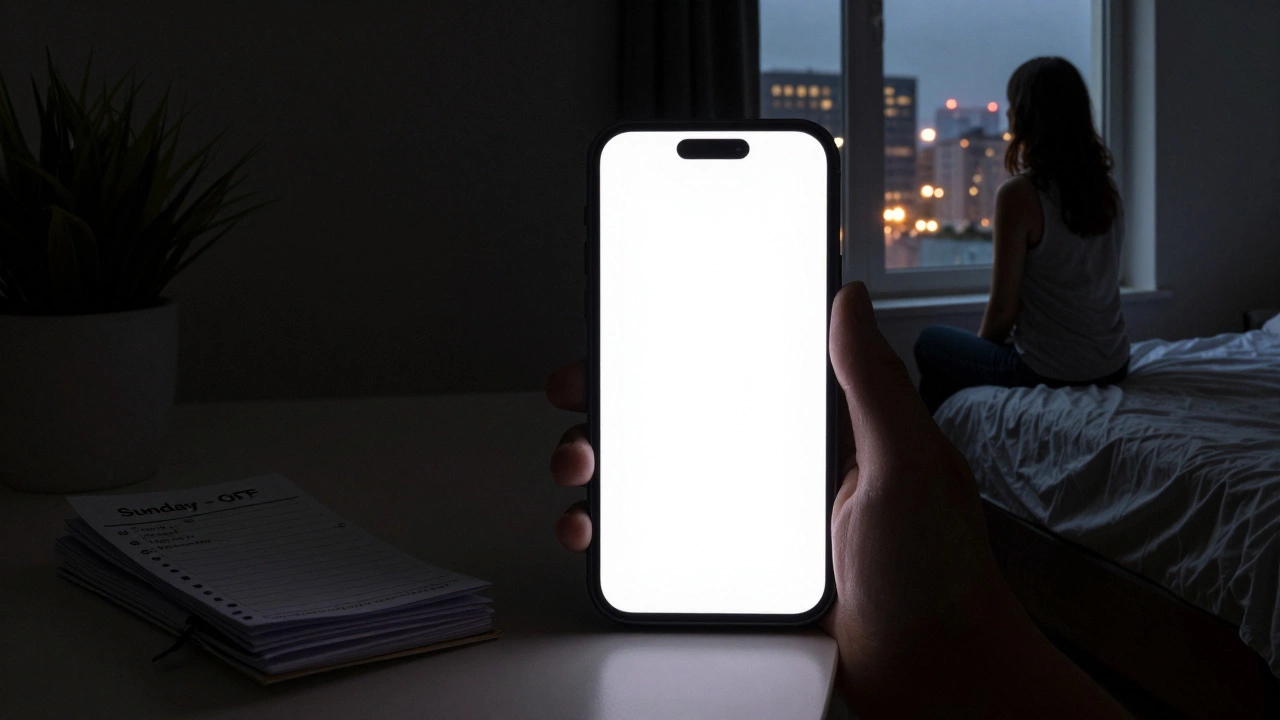A smartphone glowing in a dark room, reflecting a woman&#039;s silhouette as she looks out the window at city lights.