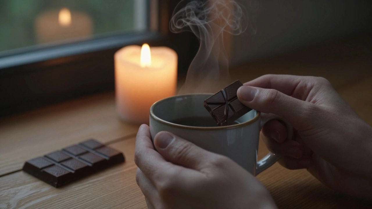 Hands holding a warm mug and dark chocolate, candlelight flickering nearby in quiet stillness.