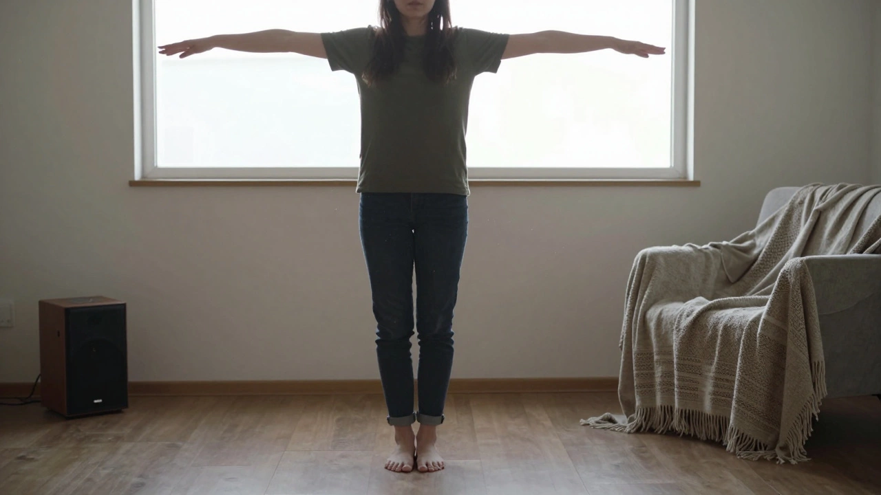 Someone stretching gently in a sunlit living room, phone forgotten on the floor.